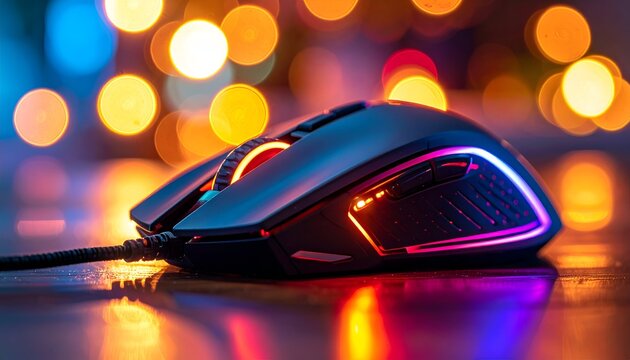 Extreme macro close up of a modern ergonomic computer gaming mouse featuring glowing red neon LED lights.