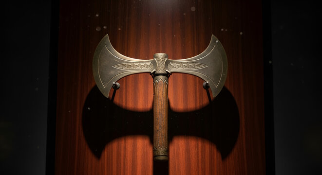 Ornate Bronze Double Axe with Greek Engravings on Wood