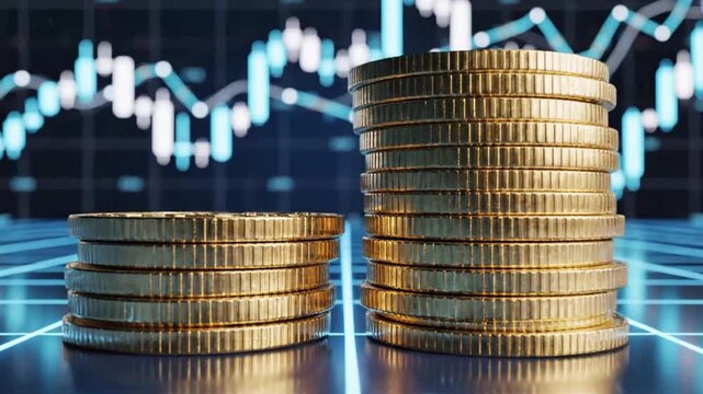 Digital financial growth and investment trends showcased through stacked coins and fluctuating stock graphs