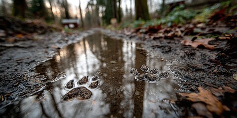 Fototapeta premium A large puddle reflects animal tracks and trees on a forest road covered with leaves.