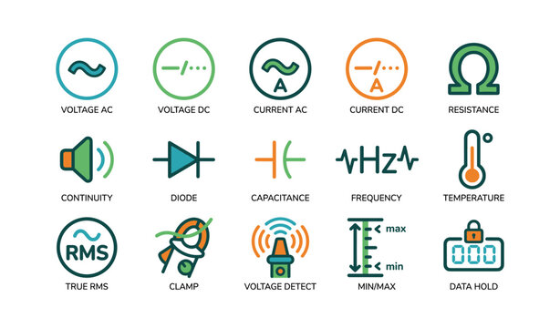 Electrical symbols: voltage, current, resistance, continuity, diode, capacitance, frequency, temperature