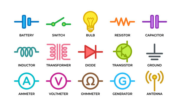 Set of electrical and electronic component symbols for circuit diagrams