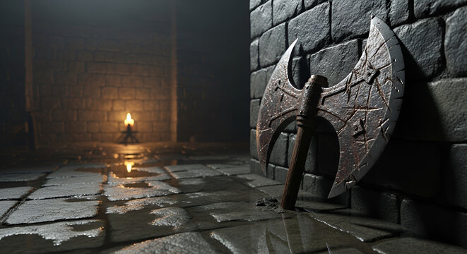 Rusty medieval double axe leaning against a damp stone dungeon wall