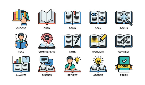 Sixteen icons illustrating reading and learning stages with diverse actions and symbols