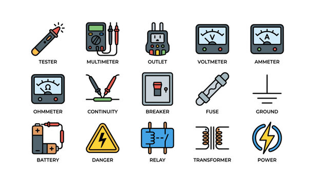 Electrical tools and symbols: tester, multimeter, voltmeters, battery, fuse, transformer, power