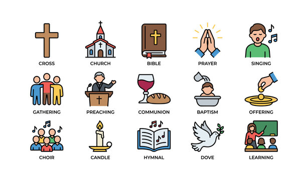 Colorful religious symbols including church, bible, communion, prayer, choir, hymnal, dove, candle