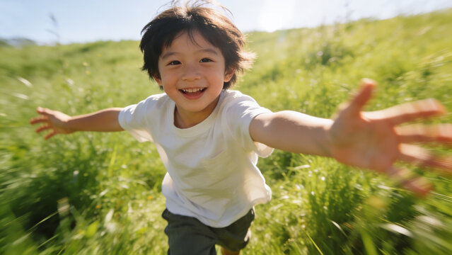 Happy Child Running Through Grass with Open Arms, Freedom Concept