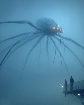 A giant squid emerges from the foggy depths to confront two people standing on a bridge.
