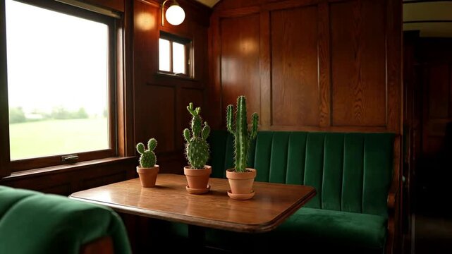 Cozy train dining car with potted cacti on wooden table by window