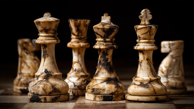 Macro close up of a chess endgame with two kings on the board symbolizing peace negotiations and tense strategy