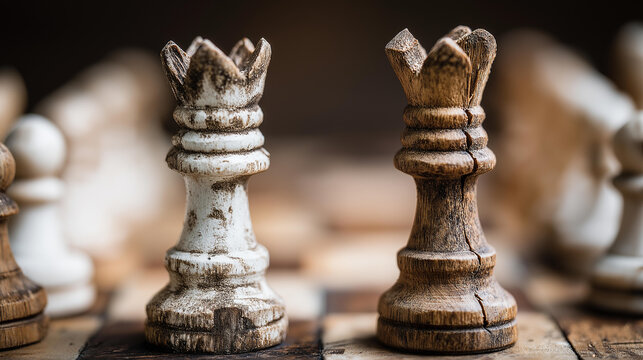 Two kings face off in an ultra macro chess endgame on a board as a closeup metaphor for tense peace negotiations and diplomacy