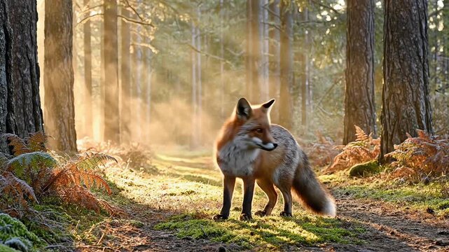 Vixen Wild Fox Walking Through Sunlit Forest in Natural Dawn Light