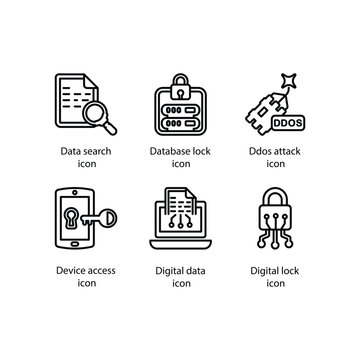 Data search, Database lock, Ddos attack, Device access, Digital data, Digital lock, icon