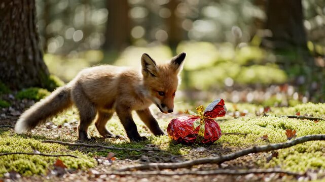 Curious Fox Cub Investigates a Wrapped Gift in a Forest Clearing.