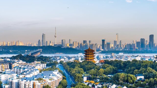 High angle timelapse of the Yangtze River Bridge and Yellow Crane Tower in Wuhan, Hubei Province, China