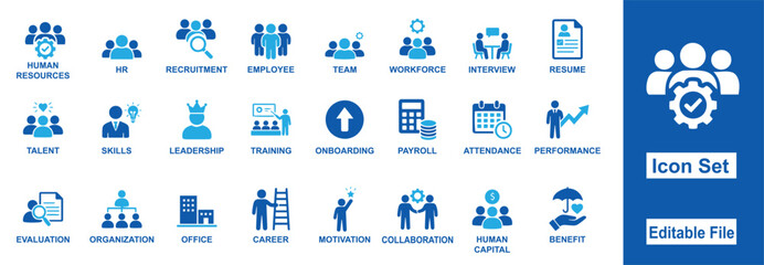 Obraz premium Human resources and business management icon set representing various aspects of HR, teamwork, and employee development.