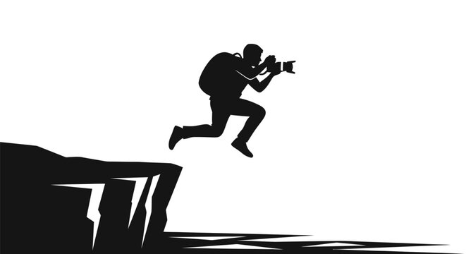 Man jumping off cliff with camera.