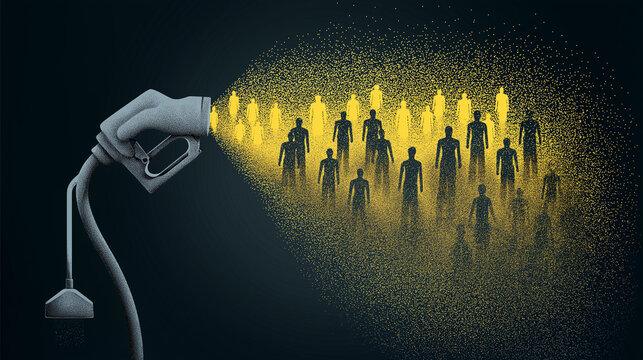 Hand squeezing gas pump nozzle over glowing connected citizens as a metaphor for price gouging