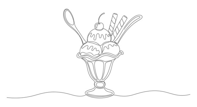 One continuous line art vector illustration depicting a delightful ice cream sundae in a classic glass.
