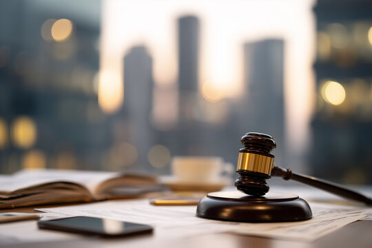 A gavel laying on the table with document in blurry city background, business law concept