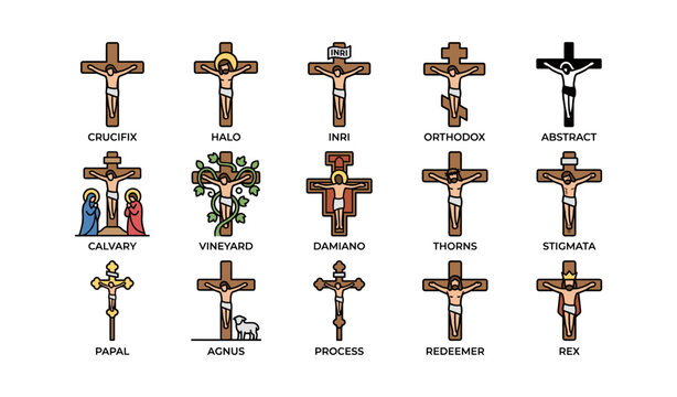 Collection of crucifix designs featuring vineyards and religious symbols