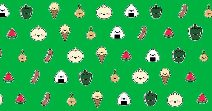 Digital animation of multiple food items in seamless pattern against black background