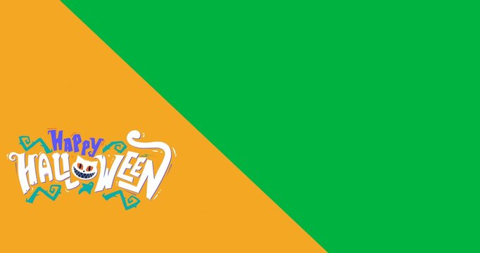 Digital animation of happy halloween text banner against yellow and black dual tone background