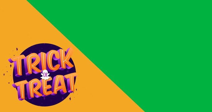 Digital animation of trick or treat text banner against yellow and black dual tone background