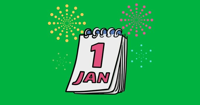 Digitally generated image of 1st jan calendar icon against fireworks icons on black background