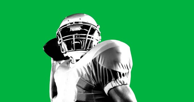 Digital animation of mal rugby player throwing a ball against white background