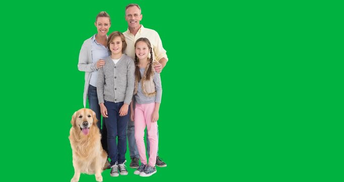 Portrait of caucasian family with a dog smiling against black background