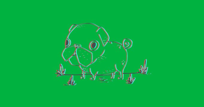 Digital animation of puppy dog on grass icon against black background