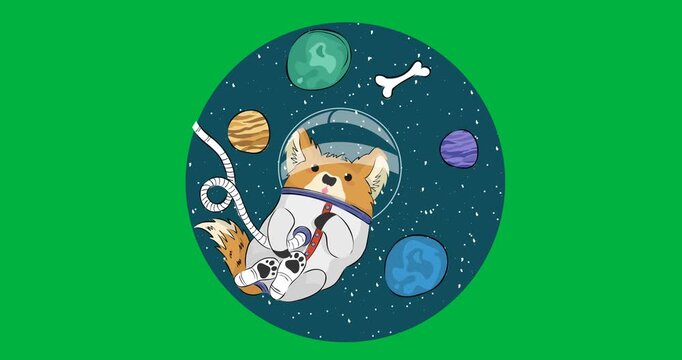 Digital animation of astronaut dog wearing a space suit icon against black background