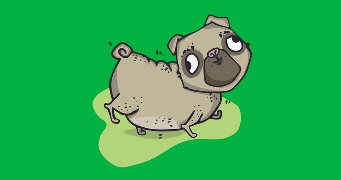 Digital animation of puppy dog on grass icon against black background