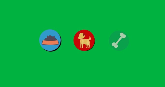 Digital animation of dog, dog food and bone icons against black background