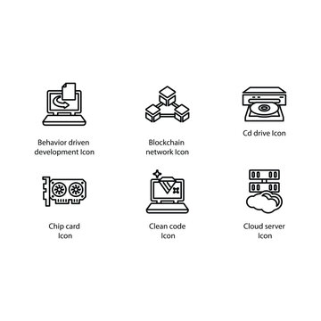 Behaviour driven development, Blockchain network, Cd drive, Chip card, clean code, Cloud server, icon
