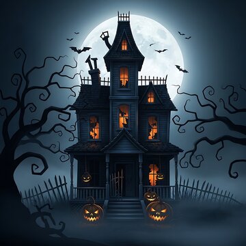 Spooky Haunted House Under Full Moon with Bats and Pumpkins.