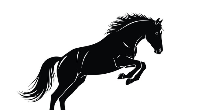 Majestic black horse silhouette jumping energetically while showcasing powerful muscles and graceful movement against a plain white background