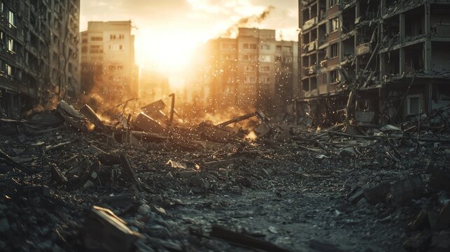 Destroyed city sunset