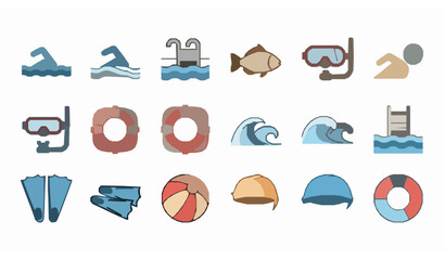 Swimming icons set with filled and outline pool fish and swimmer symbols for web and mobile design © Lipi