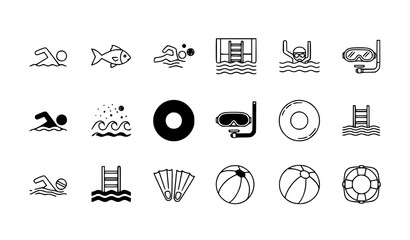 Editable swimming icons collection with filled and outline aquatic sport and pool elements for UI design © Lipi