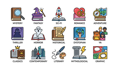 Obraz premium Colorful icons representing book genres including mystery fantasy sci-fi romance adventure
