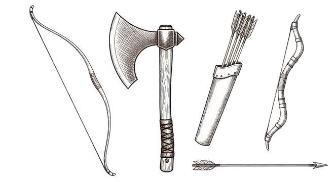 Medieval Weapons: Bow, Arrows, Quiver, Axe, Archery Equipment Illustration