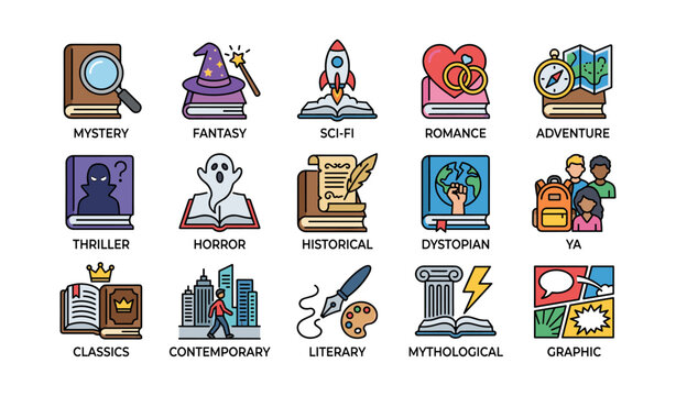 Colorful icons representing book genres including mystery fantasy sci-fi romance adventure