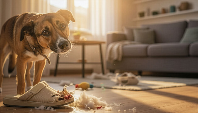 スリッパを噛みちぎり反省したような表情でこちらを見つめる室内犬