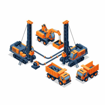 Isometric illustration of mining equipment including drilling rigs, excavators, and dump trucks.