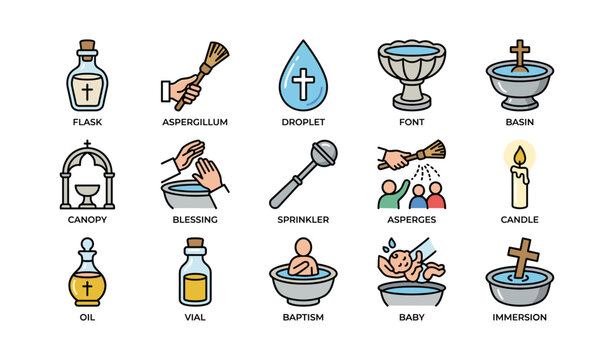 Illustrated icons of baptism rituals and holy sacraments