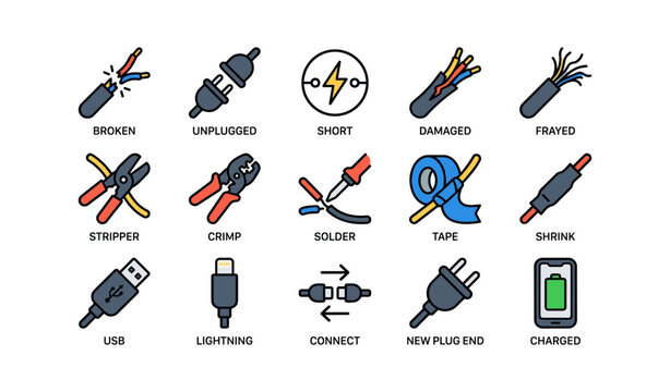 Electrical repair tools and icons collection for cable maintenance