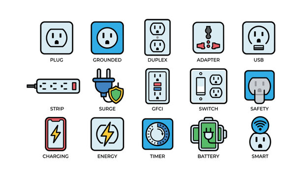 Various electrical outlets and devices including adapter, usb, and charger icons