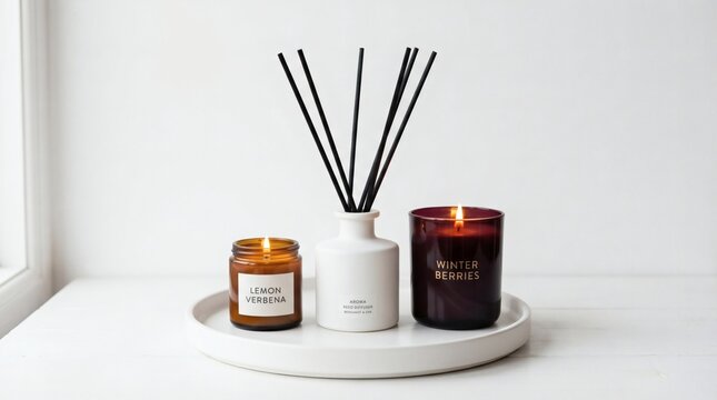 Cozy Aromas Diffuser  Candles Set On Tray with White Background, and Soft Lighting.
